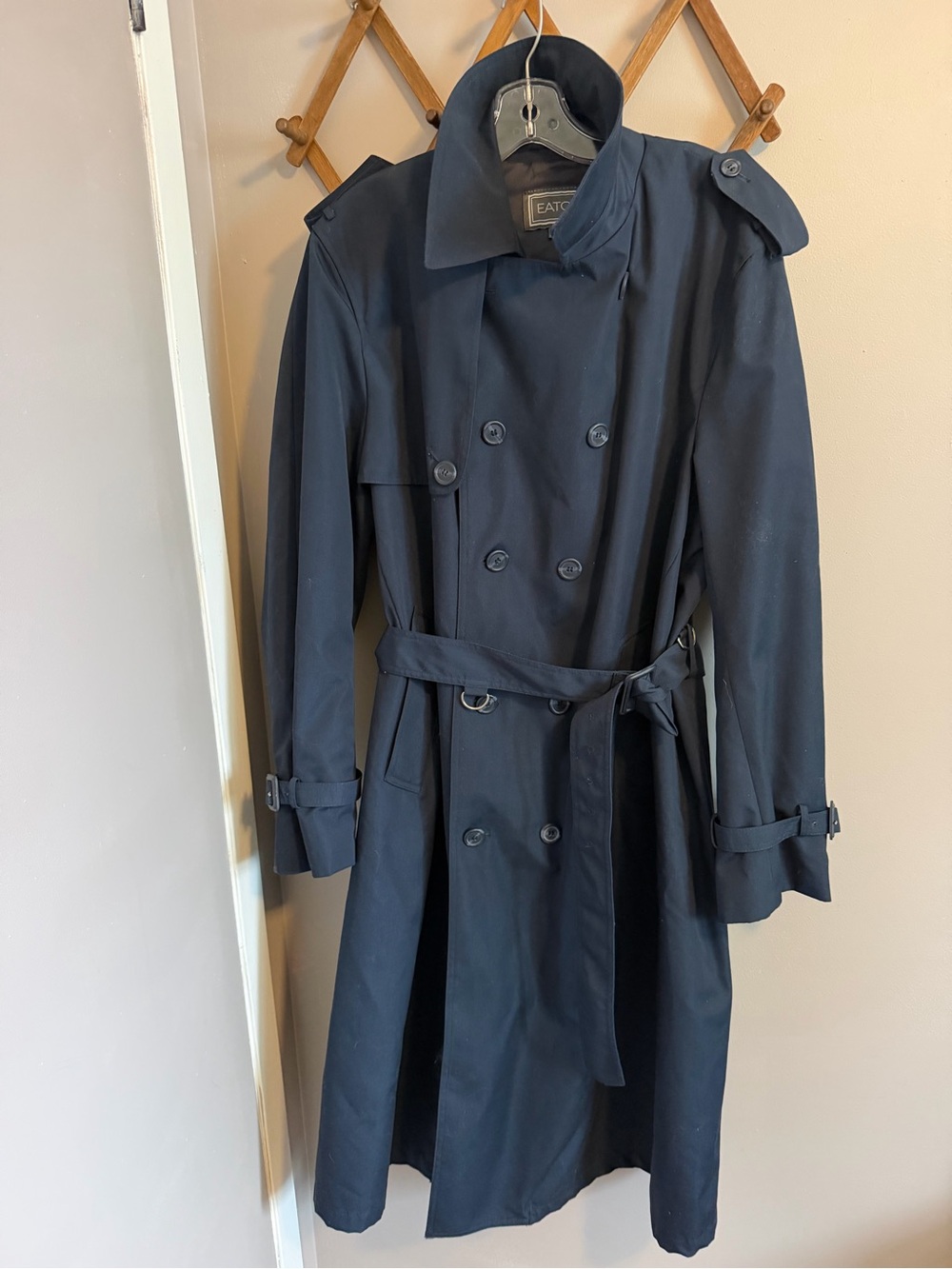 Vintage Eaton Mens Double Breasted Belted Trench Coat Dark Navy 42 Tall